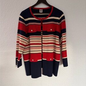 Anne Klein Red and Navy Striped Cardigan